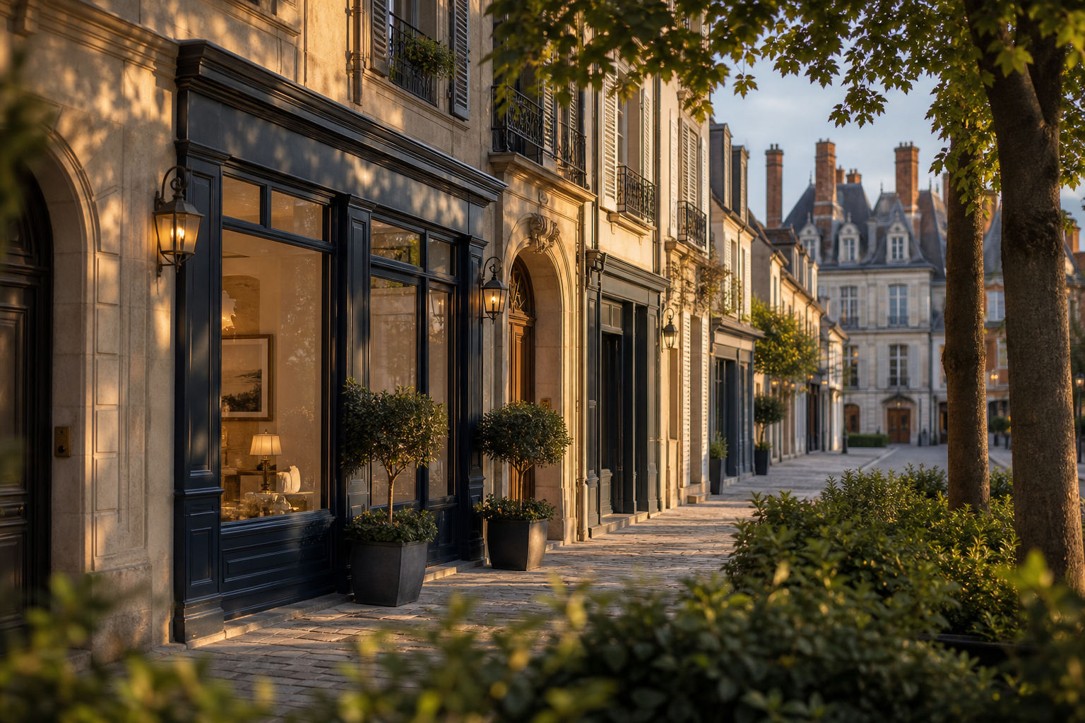 Rue élégante de Fontainebleau évoquant la future agence