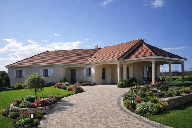 Maison de plain-pied avec toiture traditionnelle et jardin paysager