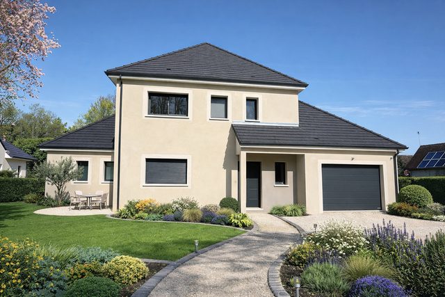 Maison familiale à étage avec toiture ardoise et jardin fleuri