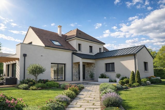 Maison contemporaine avec extensions, larges ouvertures et jardin aménagé