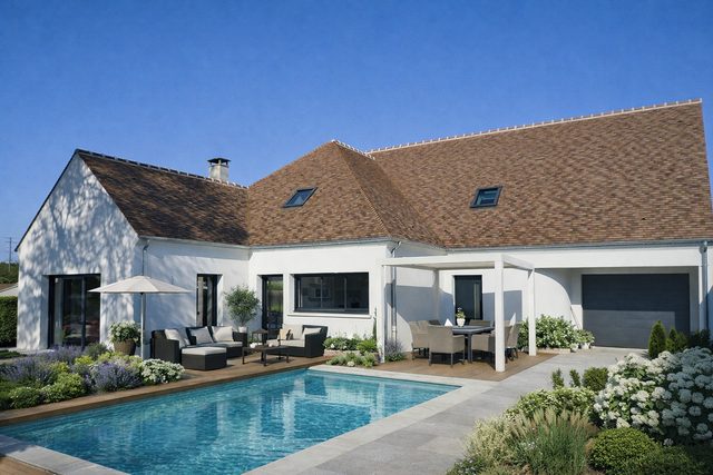 Maison avec terrasse, piscine et toiture traditionnelle